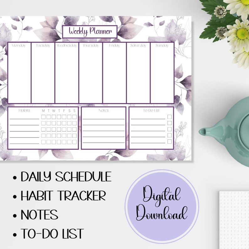 Weekly Planner Printable, Lilac Leaves, Desk Weekly Planner, Habit ...