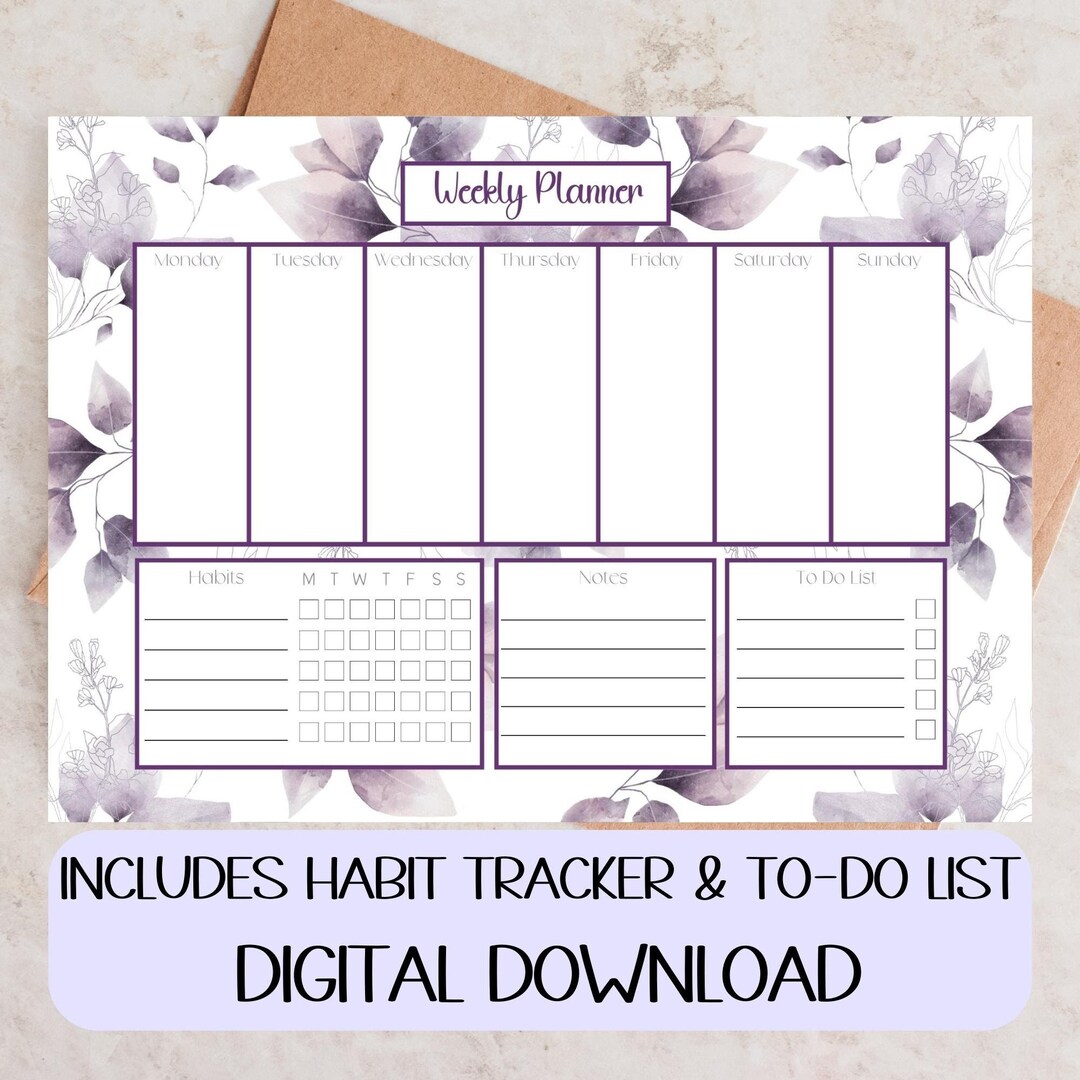Weekly Planner Printable, Lilac Leaves, Desk Weekly Planner, Habit ...