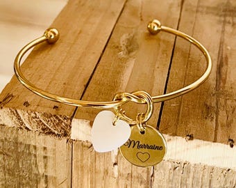 Stainless steel bangle bracelet with engravable medallions, birth bracelet, gift bracelet, name bracelet, godmother, mother, children