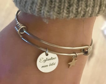 Stainless steel star bangle bracelet with engravable medallion, Personalized bracelet, Gift bracelet, Name bracelet, Christmas gift, women's