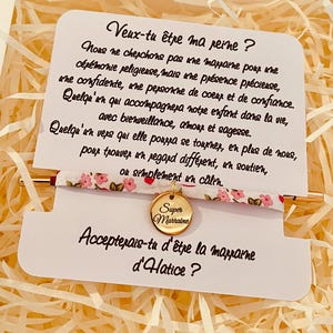 Godmother request with personalized message and liberty fabric bracelet and its engraved medal, gift idea, godmother request, baptism