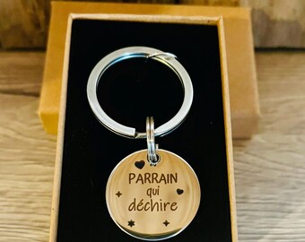 Engraved metal key ring, ideal gift, Customizable key ring, End of year gifts, text of your choice - Godfather-godmother-mom-dad