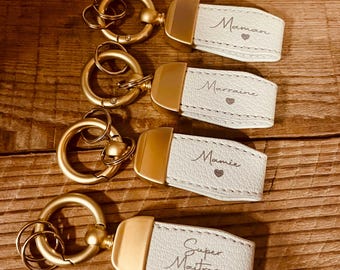 White PU key ring engraved ideal gift, Customizable key ring End of year gifts - Christmas gift - Mom - godmother - Grandma - Teacher