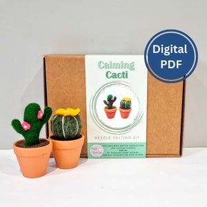 May include: A needle felting kit to make two calming cacti. The kit includes both written instructions and a YouTube tutorial. The box is brown with a white label that says "Calming Cacti" and "Needle Felting Kit". The label also has a logo that says "Felt things".