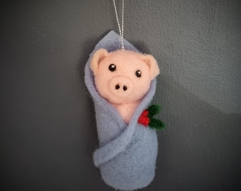 Needle Felted Pig in Blanket Christmas Ornament: Vegetarian Bauble