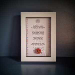 May include: A framed felt artwork featuring a red and orange bug with a smiling face and the text "I'm a Bug Buddy, a love buddy, a when-you-need-a-bug buddy. Your care buddy, your "I'm scared" buddy, your 1-hop-you-prepare buddy." The text continues with a poem about being brave and taking deep breaths.