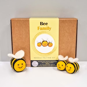 May include: A brown cardboard box with a yellow label that says "Bee Family Needle Felting Kit". The label also includes a picture of three yellow and black bees. The box is sitting on a white surface with three felt bees in front of it.