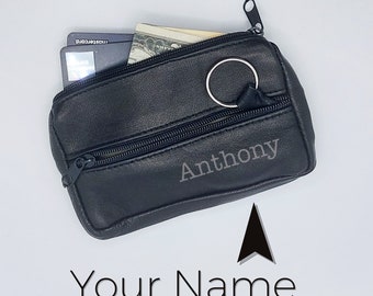 FREE PERSONALIZED Genuine Leather Coin Purse, Men's Pouch, Change Case, Zipper Wallet Pouch, Father's Day Gift