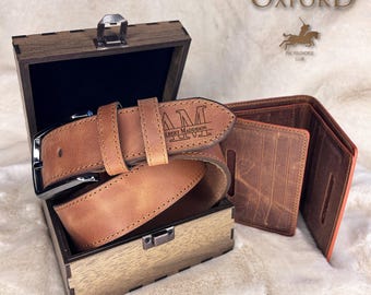 Personalized Leather Belt & Wallet Gift Set with Wooden Box