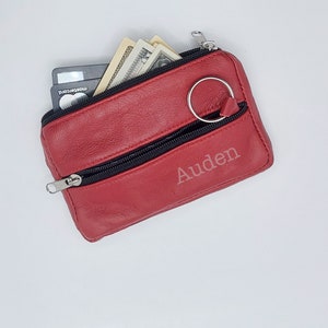 Cadeau personnalisé pour la fête des Mères - Porte-monnaie en cuir gravé - Pochette pour homme ou femme - Pochette portefeuille à fermeture éclair - Porte-monnaie avec porte-clés