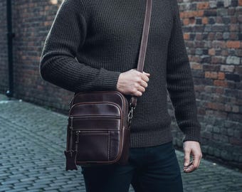 Personalized Lamb Leather Man Bag, Dark Brown Crossbody Messenger Purse For Man, Husband Gift