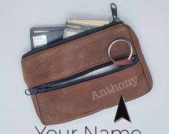 Personalized Leather Coin Purse - Zipper Pouch, Change Wallet
