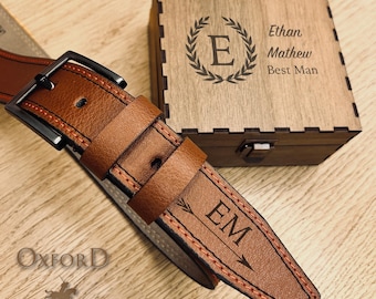 Cinturones de hombre de cuero vegano personalizados y grabados con caja de madera a medida - Regalo de aniversario para novio o marido