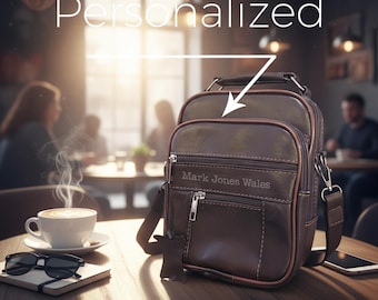 Personalized Genuine Leather Crossbody Man Bag / Engraved Shoulder Bag