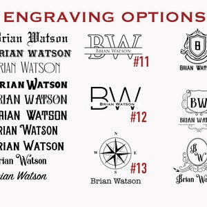 May include: Engraving options for a personalized gift.  Choose from 16 different styles, including initials, names, and compass designs.  The text "BRIAN WATSON" is shown in several different fonts and styles.