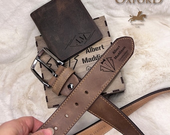 Personalized Leather Belt & Wallet Gift Set - Anniversary Husband Gift in Wooden Box