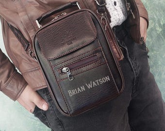 Engraved Vegan Leather Bag and Wallet Set - Men's Crossbody Satchel Purse