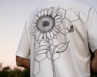 Camiseta con estampado de girasol: algodón orgánico unisex serigrafiado