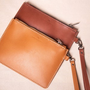 Hand Stitched Leather Clutch: Double Zipper Purse with Wrist Strap