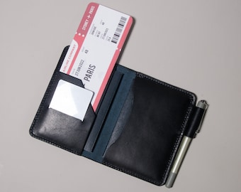 Cartera de cuero personalizada para pasaporte con portabolígrafo