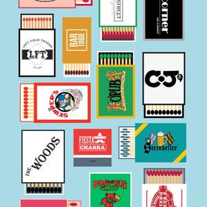 May include: A collection of matchbox designs with various logos and text, including "Brick Street," "Left Field Tavern," "Bar 1868," "The Woods," "Skipper's," "Opus," "Fiesta Charra," "Steinheller," "Bagel Deli Shop," and "Mac & Joe's." The matchboxes are on a light blue background.