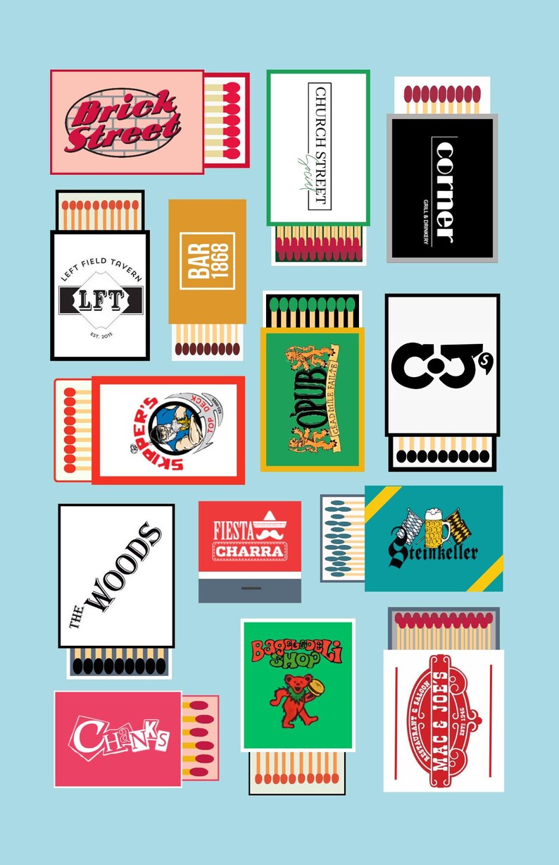 May include: A collection of matchbox designs with various logos and text, including "Brick Street," "Left Field Tavern," "Bar 1868," "The Woods," "Skipper's," "Opus," "Fiesta Charra," "Steinheller," "Bagel Deli Shop," and "Mac & Joe's." The matchboxes are on a light blue background.