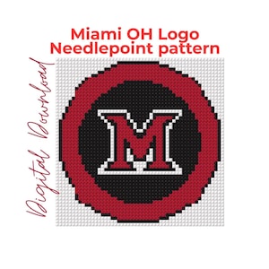 Pode incluir: Um padrão de ponto de agulha com o logótipo de Miami OH, apresentado como um design circular com uma borda vermelha, um centro preto e uma letra M branca. O texto "Miami OH Logo Needlepoint pattern" e "Digital Download" são visíveis.