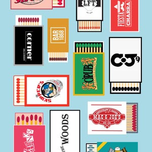 May include: A collection of matchboxes with various logos and text, including "Brick Street," "Left Field Tavern," "Fiesta Charra," "Corner," "Bar 1868," "Skipper's," "The Woods," "Mac & Joe's," and "Steinkeller." The matchboxes are set against a light blue background.
