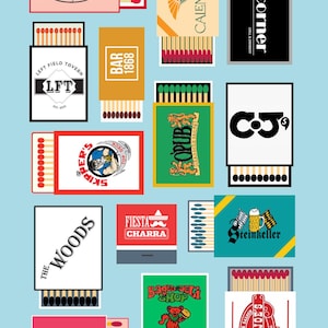 May include: A collection of matchboxes with various designs and text on a light blue background. The matchboxes feature logos for businesses like "Brick Street," "Left Field Tavern," "Skipper's," and "Fiesta Charra." Each box has a striking color scheme.