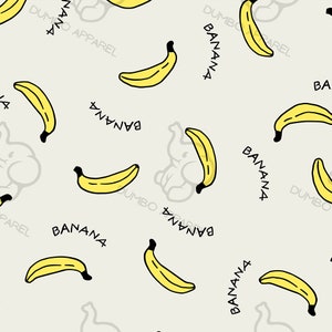 Pode incluir: Um padr&atilde;o sem costura com bananas amarelas sobre um fundo cinza claro. O padr&atilde;o inclui o texto "BANANA" e "DUMBO APPAREL" repetido ao longo.