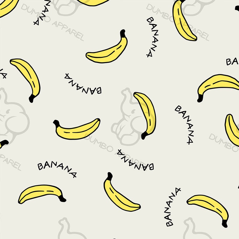 Pode incluir: Um padr&atilde;o sem costura com bananas amarelas sobre um fundo cinza claro. O padr&atilde;o inclui o texto "BANANA" e "DUMBO APPAREL" repetido ao longo.
