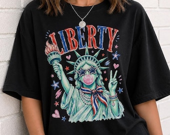 Preppy Liberty Shirt, Statue Of Liberty Bubble Gum Tee, Patriotic America 4th Of July Gift, Comfort Colors Shirt