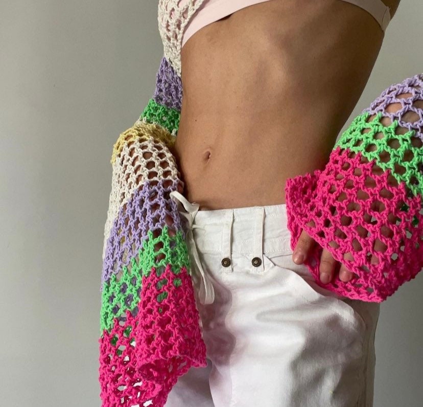 Y2k Crochet Knitted Crop Top Hollow Out Fishnet Jumper Smock - Etsy