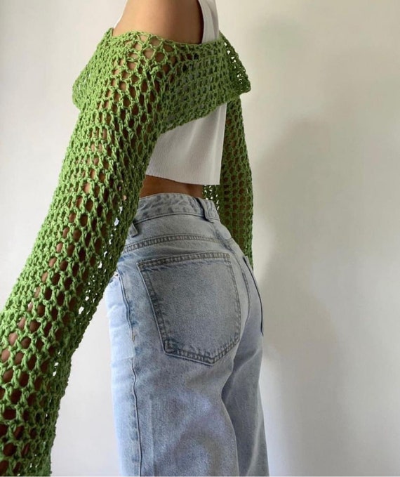 Y2K Aesthetic Floral Knitted Super Short Green Crop Top