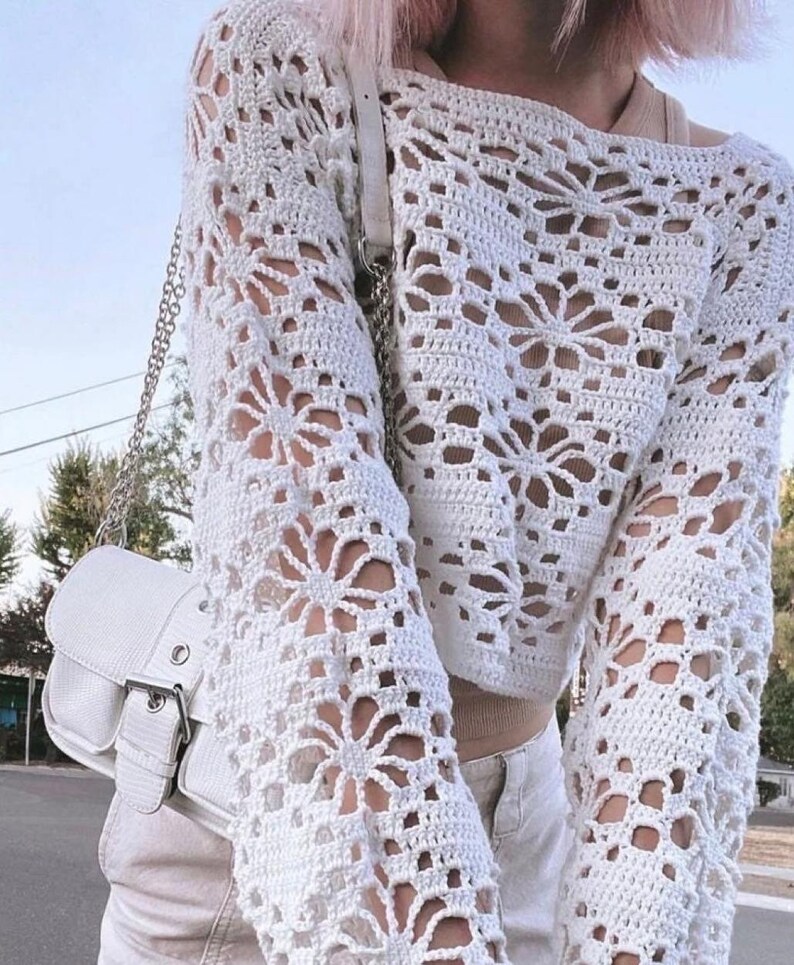 Crochet Sweater Floral Embroidered Lantern Sleeve