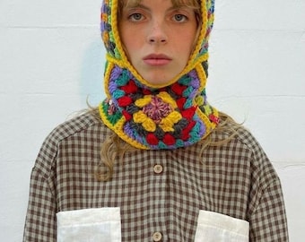 Crochet Balaclava, Granny Square Balaclava, Mochi Handmade Black And White Balaclava, Granny Square Hat, Crochet Winter Hat,