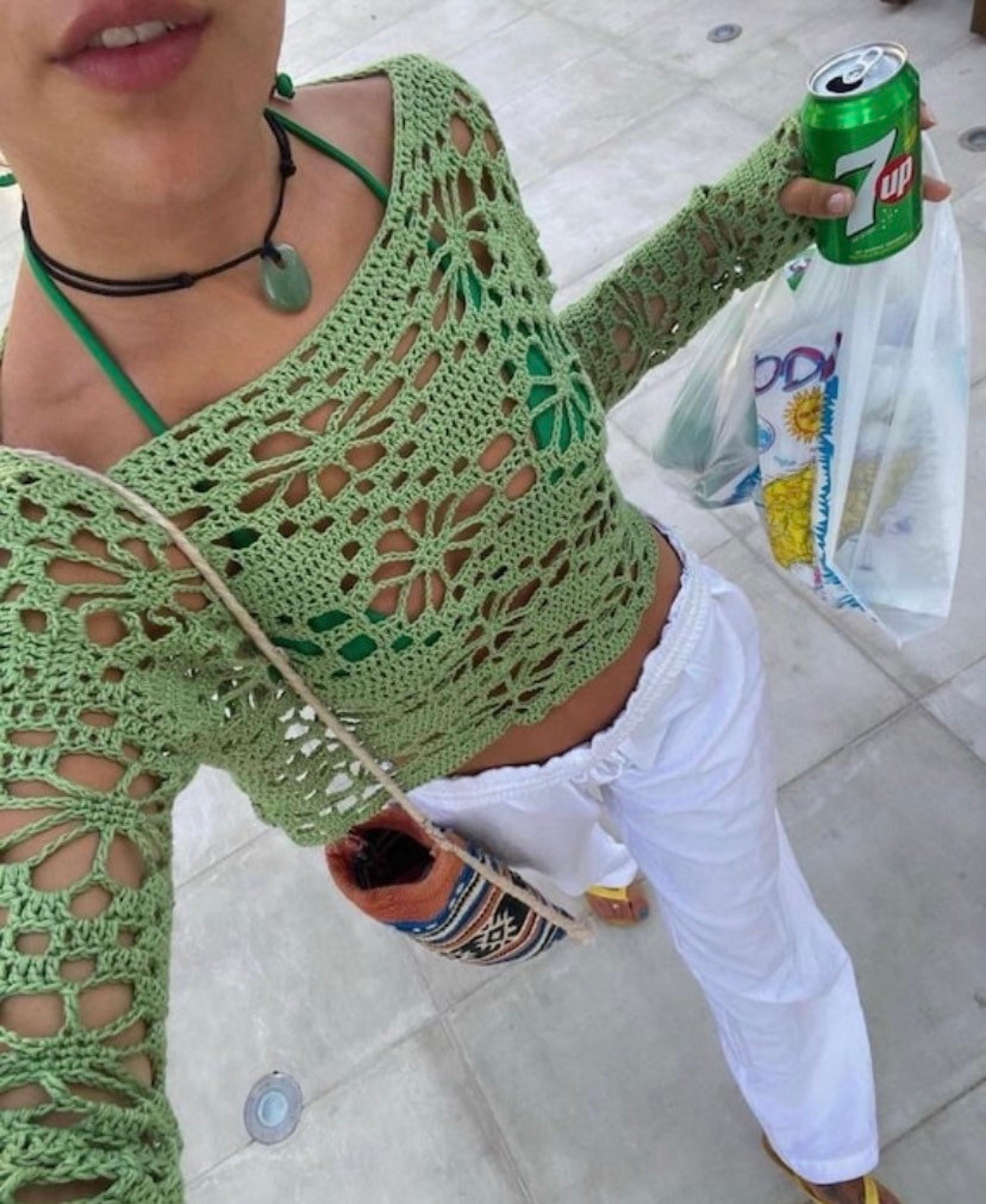 Drop Shoulder Floral Crochet Sweater main image 1