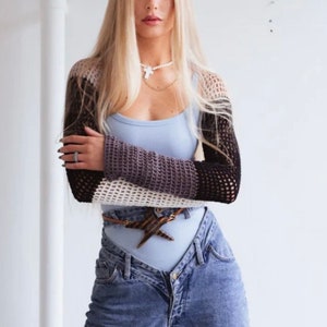 Crochet Fishnet Crop, Handmade Fishnet Bolero, Crochet Long Sleeve Top, Handmade Colorful Top, Crochet Summer Top, Handmade Black Top