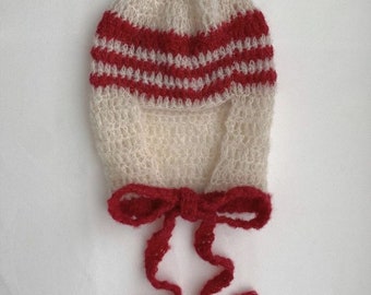 Ear mufflers, mohair ear warmers, mohair bonnet, crochet mohair balaclava, crochet bonnet, red and white mohair bonnet