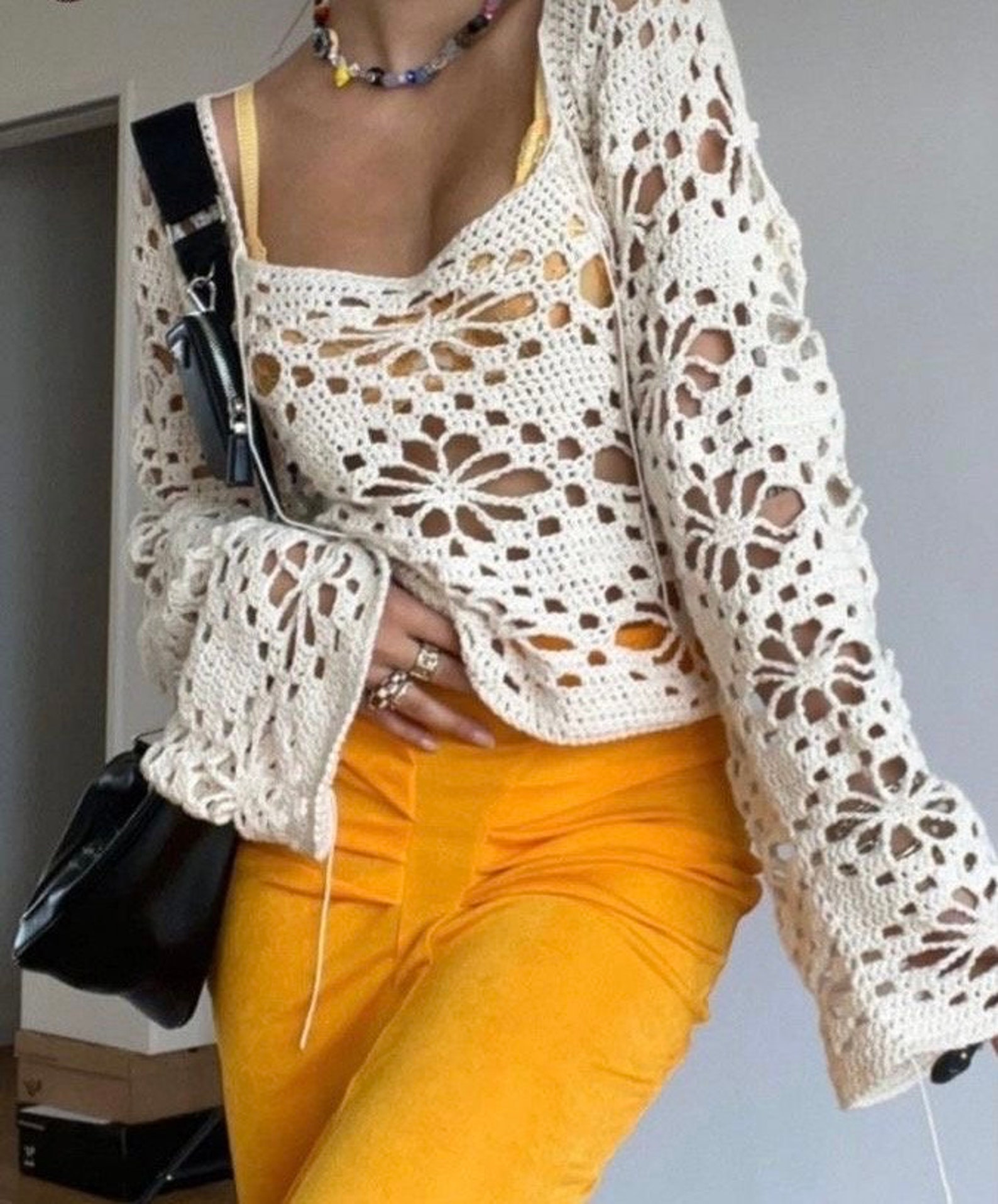 Drop Shoulder Floral Crochet Sweater main image 0
