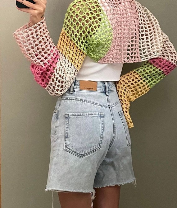 Y2k Crochet Knitted Crop Top Hollow Out Fishnet Jumper Smock Top