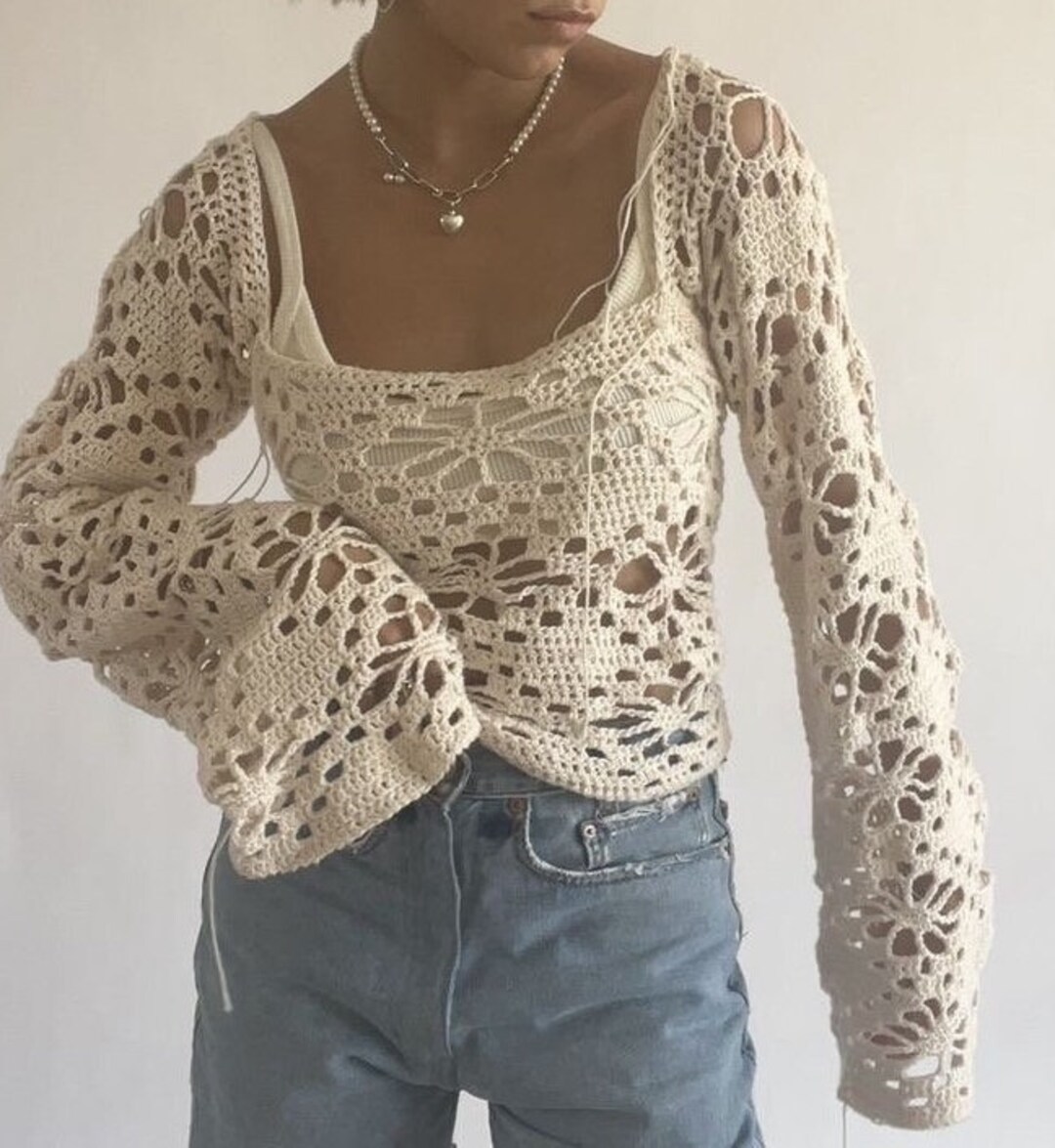 Crochet Flower Long Sleeve Sweater