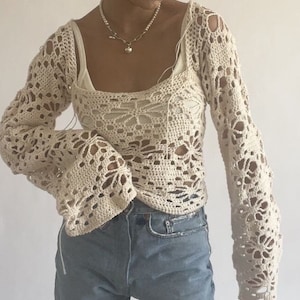 Flower crochet sweater, crochet sweater, Crochet Long Sleeve Top, Handmade Summer Top, Handmade Long Sleeve Blouse, Cover Up Top, Handmade C