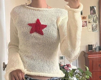 Star crochet sweater, y2k sweater, crochet sweater, women’s crochet sweater, pullover sweater, 2000s sweater, handmade sweater,