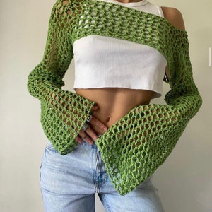 Y2k Crochet Knitted Crop Top Hollow Out Fishnet Jumper Smock Top 2000s Streetwear Aesthetic Harajuku, crochet bolero shrug