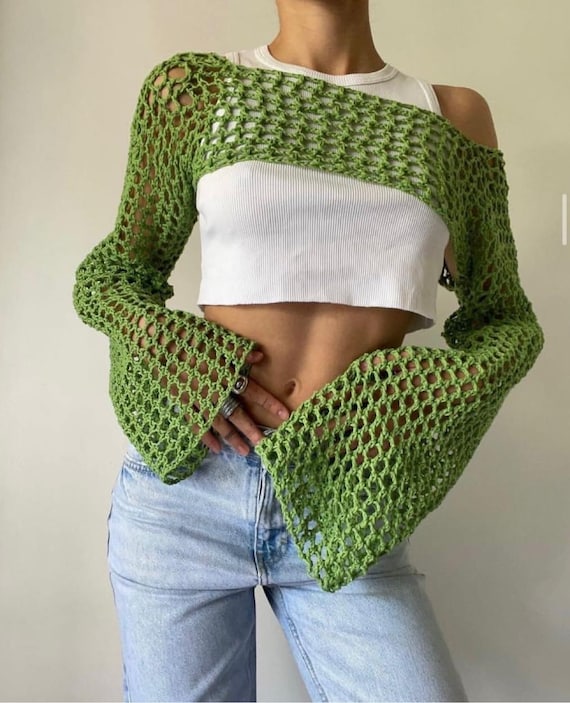 Y2k Crochet Knitted Crop Top Hollow Out Fishnet Jumper Smock