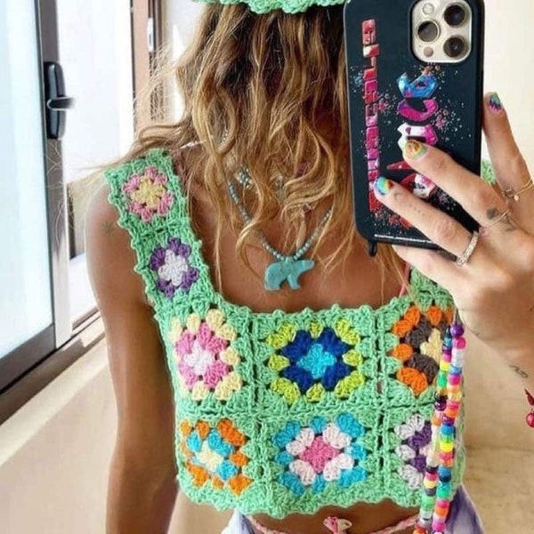 Crochet Summer Top,Crochet Floral Top, Handmade Multicolored Top, Crochet Colorful Crop Top, Handmade Blouse