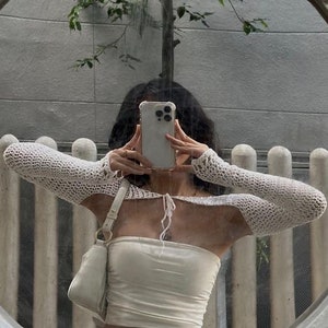 Y2k Crochet Knitted Crop Top Hollow Out Fishnet Jumper Smock Top 2000s Streetwear Aesthetic Harajuku, crochet bolero shrug