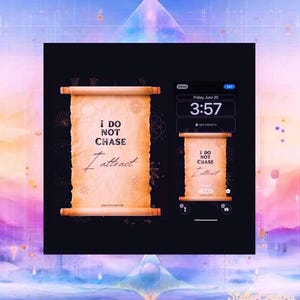 May include: A digital art piece featuring a black background with two scroll designs and a phone screen. The scrolls and phone screen display the text "I DO NOT CHASE, I attract". The phone screen shows the time 3:57 AM.