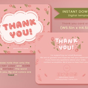 de remerciement modifiable en toile | carte de remerciements rose | Carte de remerciements mignonne | carte de remerciement rose pastel | KofiCloudStudio